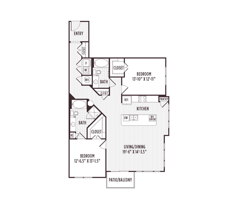 Floor plan for 2 beds, 2 baths, 1365 sqft